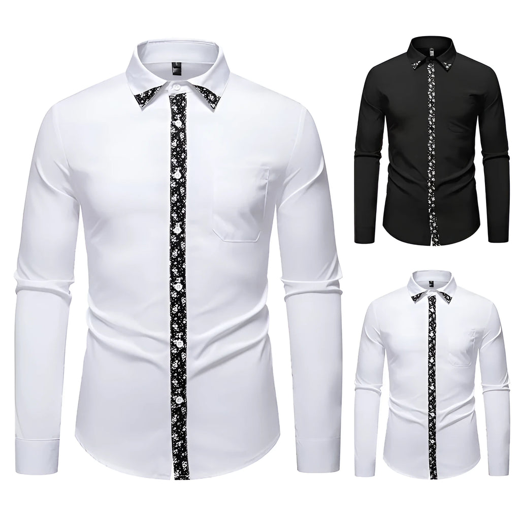 Men's black colour block long sleeve slim fit cardigan shirt in polyester