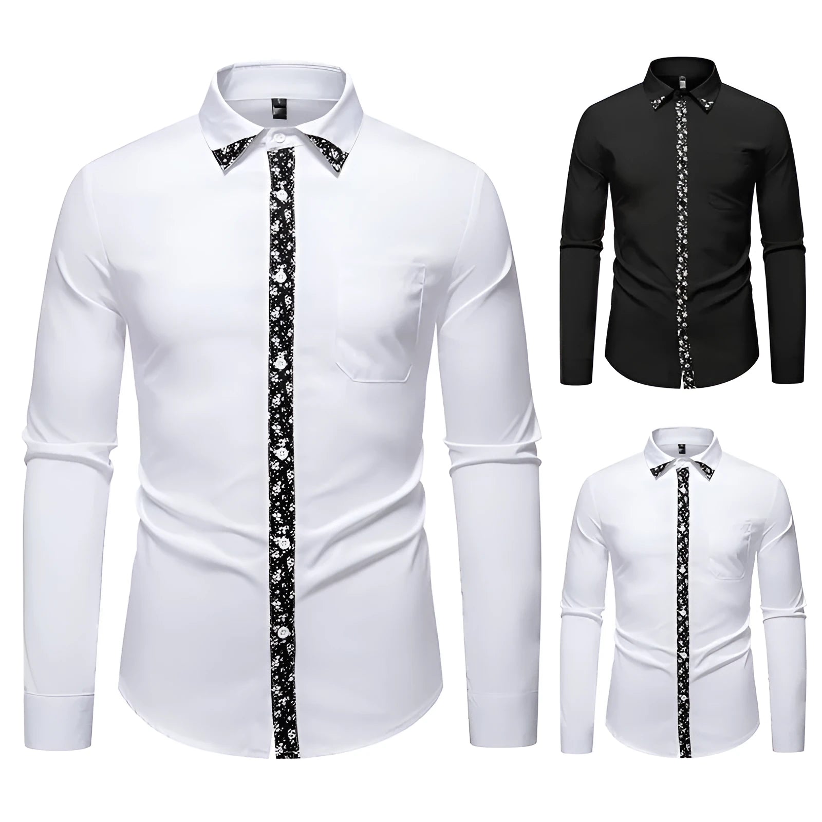 Men's black colour block long sleeve slim fit cardigan shirt in polyester
