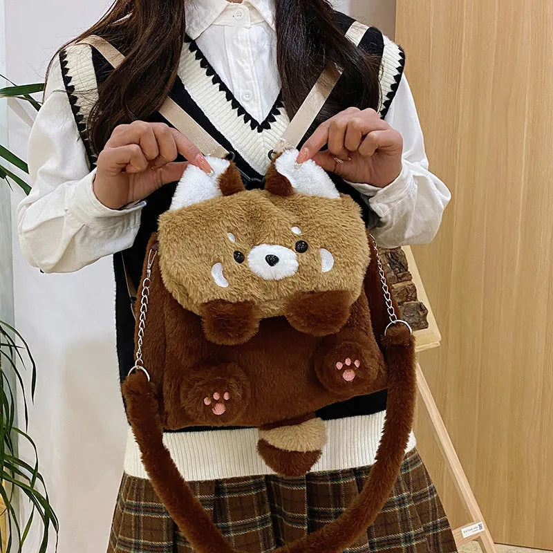 Brown coati plush backpack with polyester lining, 26cm high, 27cm wide and 10cm thick, cartoon soft bag