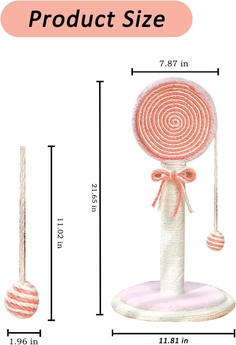 Blue cat scratching post with a hanging toy ball on a sturdy square base.
