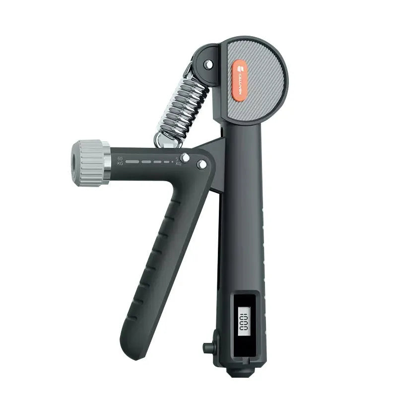 Adjustable spring grip strength trainer in three colour options showing ABS plastic construction