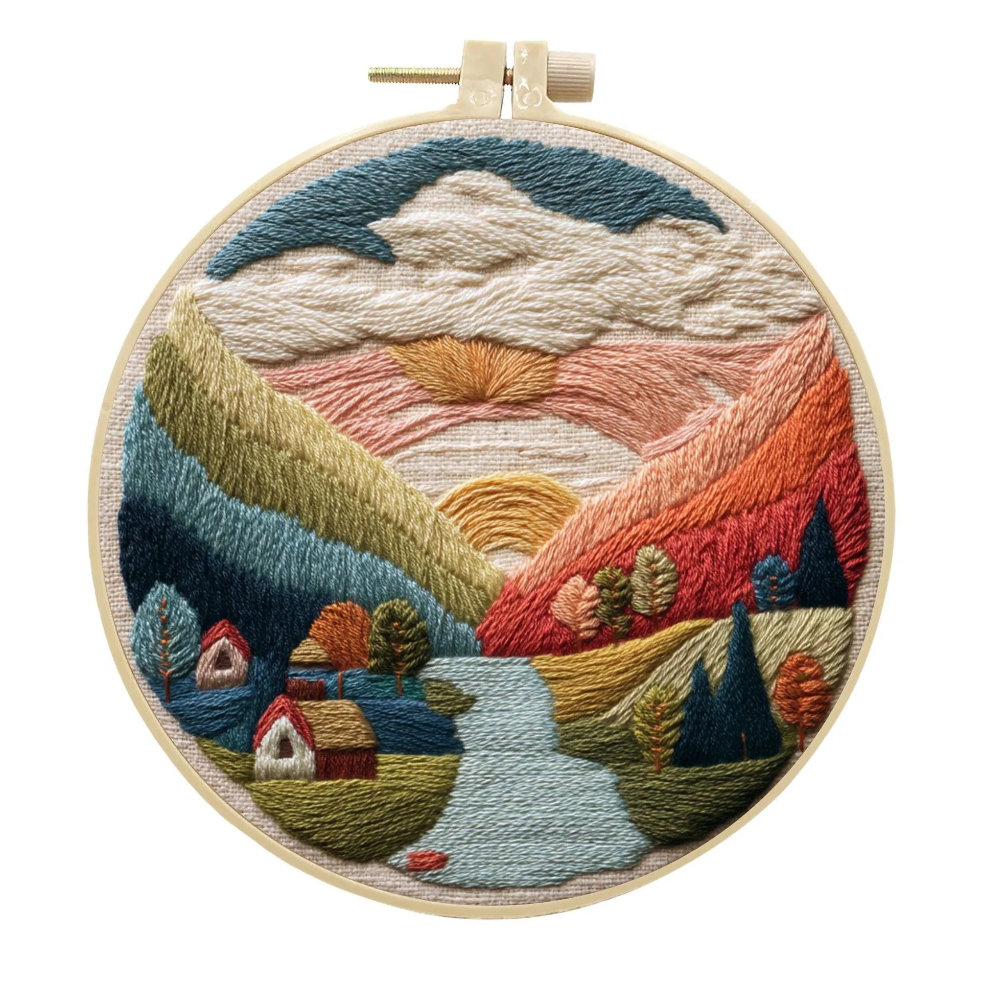 Embroidery DIY kit with 15cm bamboo frame, cotton linen fabric, and landscape design for handmade cloth art