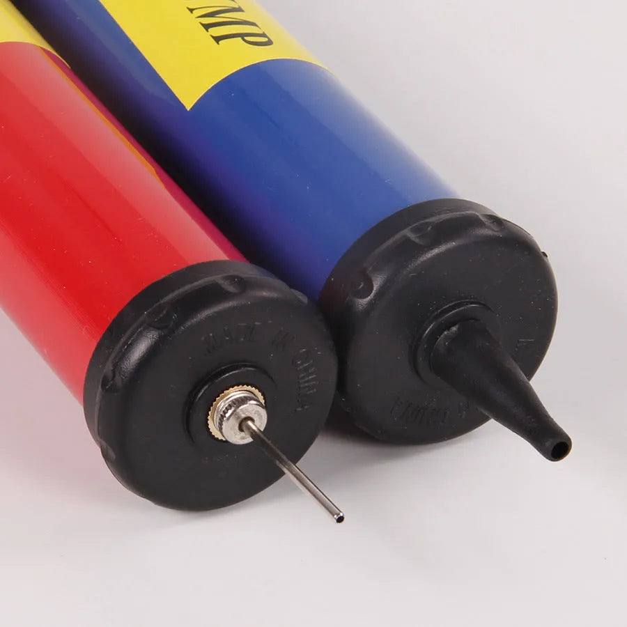 Mixed colour plastic manual hand pump for inflating basketballs, footballs, and balloons.