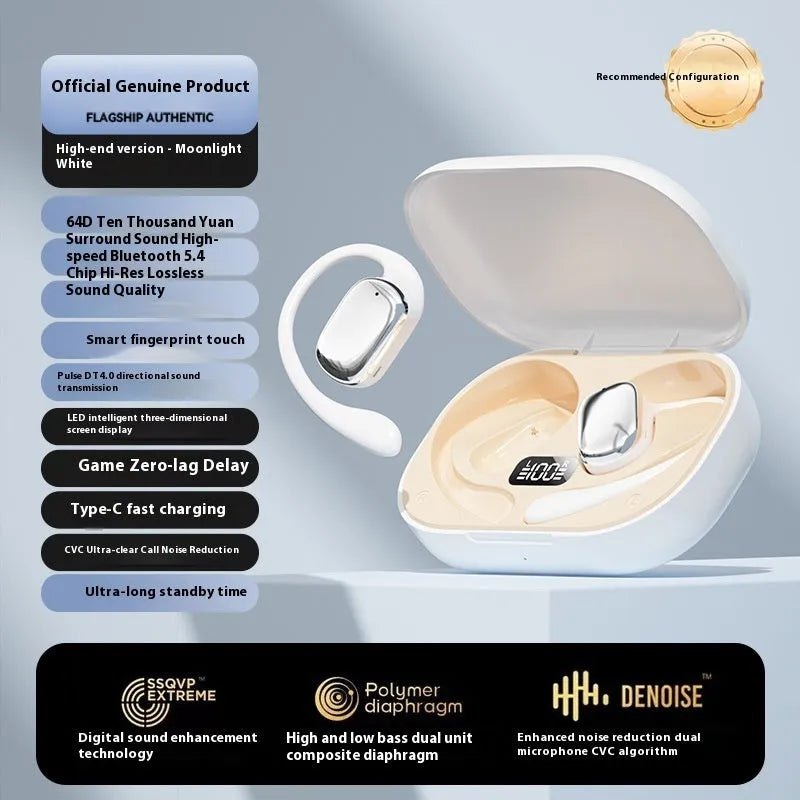 Ear-mounted headphones with digital display screen showing battery percentage, available in black colour