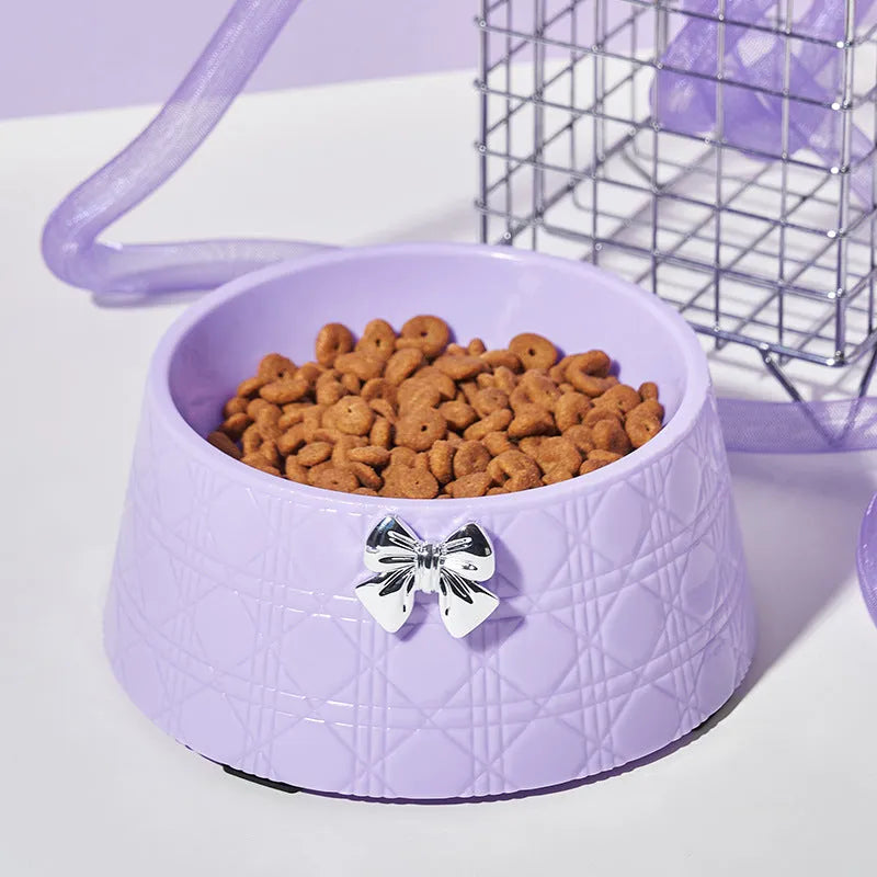 Diamond pattern pet feeding bowl with bowknot decoration in multiple colour options for dogs and cats