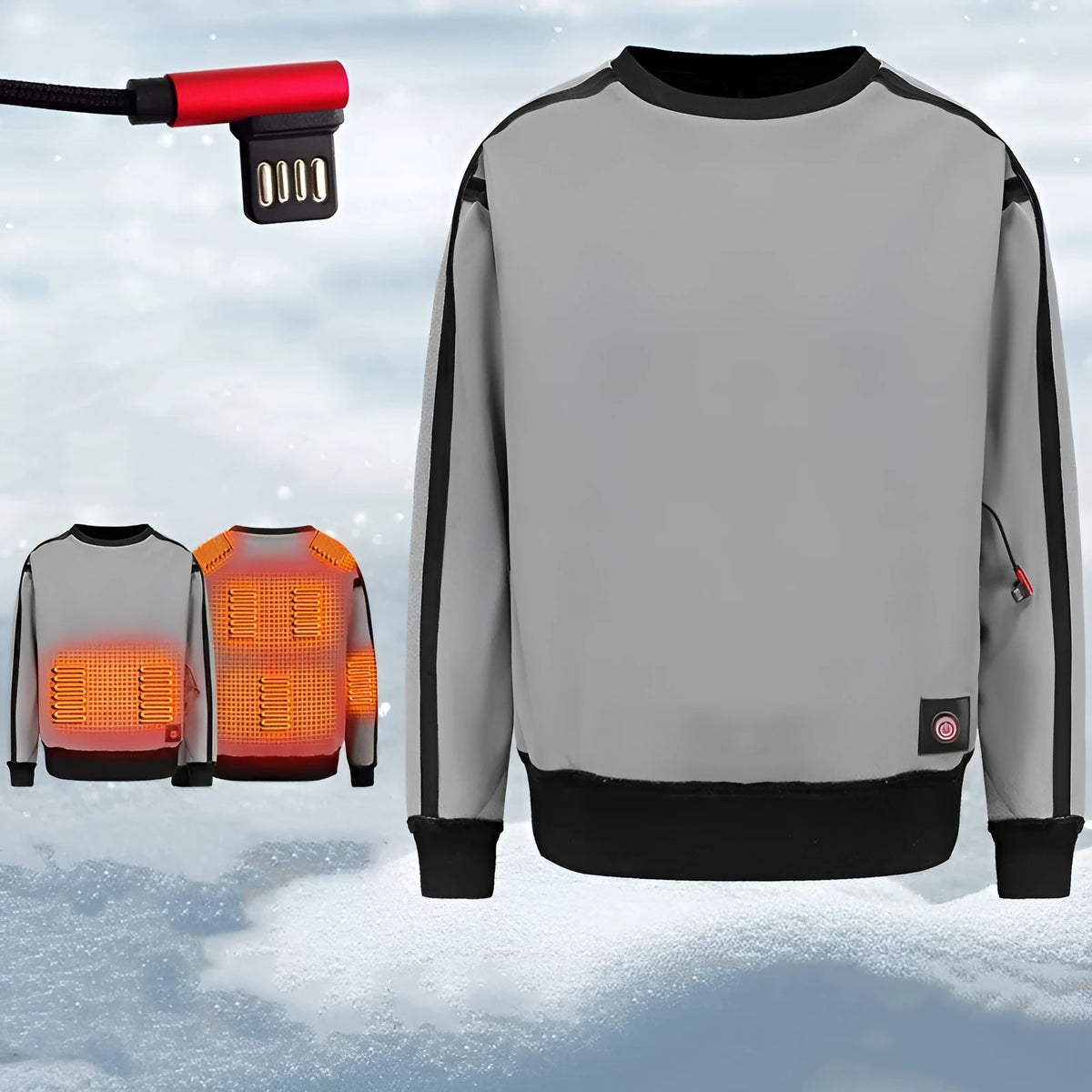 USB electric heated jacket top in black or gray, polyester fibre, Asian sizes M to XXXXL, shown as a neutral heated clothing item.
