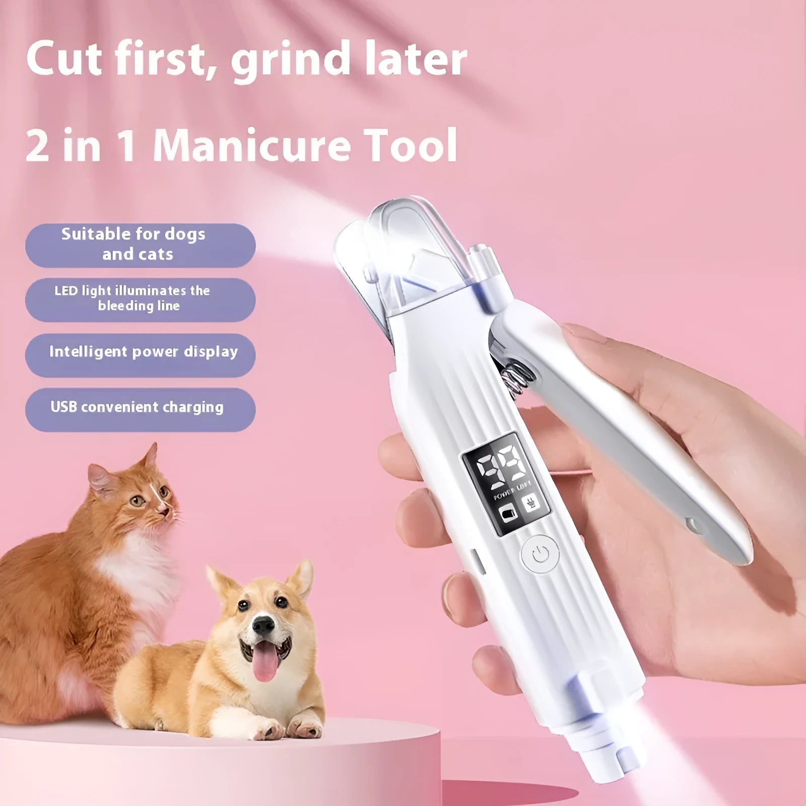 HZ8 White model rechargeable dog nail clipper made from white ABS plastic.