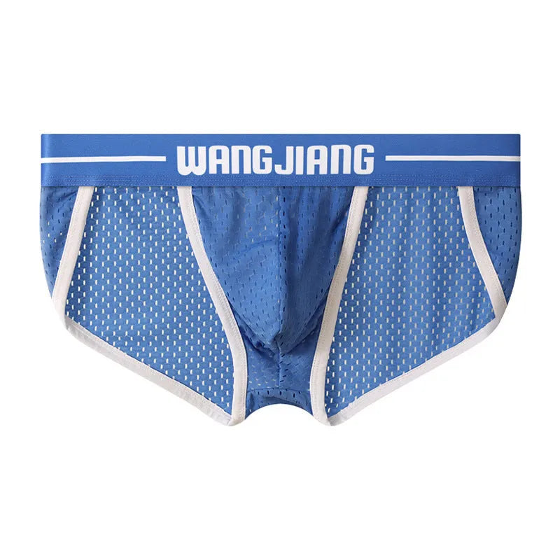 Men's ice silk mesh breathable triangle underwear in black, shown in a briefs style