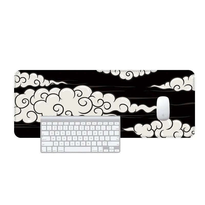 Large Japanese-style simple graphic desk mat with non-slip natural rubber base on a wooden desk.