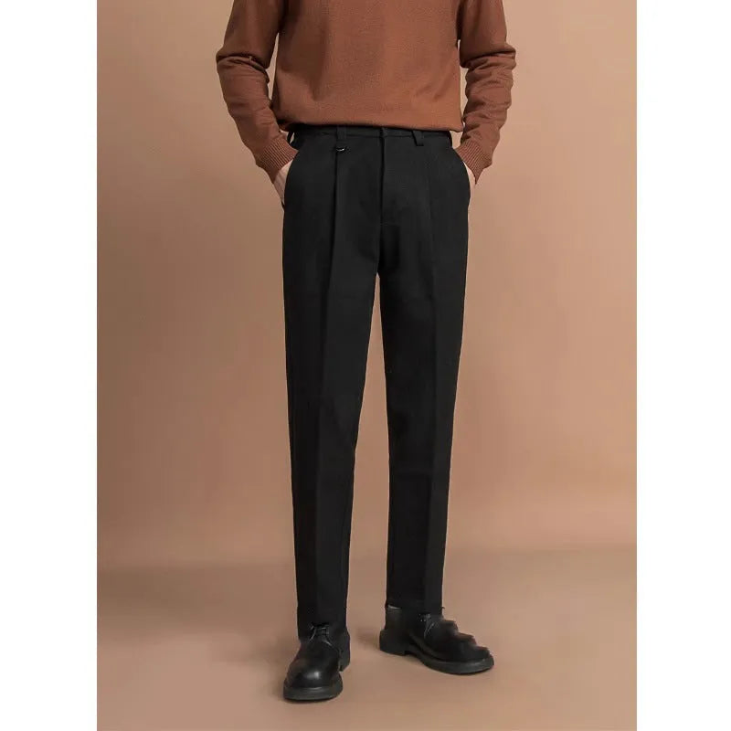 Men's straight leg trousers in black, dark grey, khaki, and brown colours