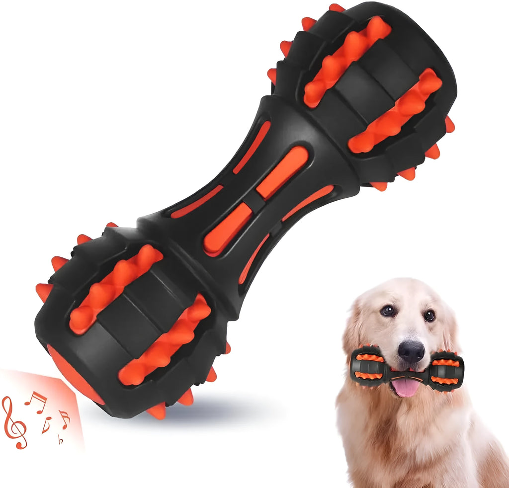 Red rubber dumbbell-shaped squeaky toy for dogs on a white background.