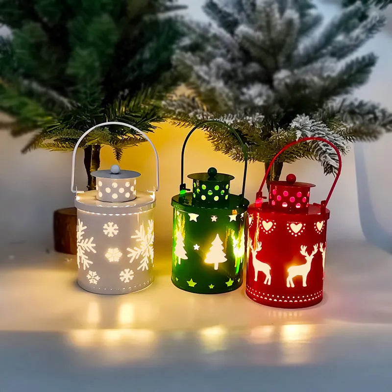 Nordic style wrought iron electronic candle lantern with LED light in green, red, or white.