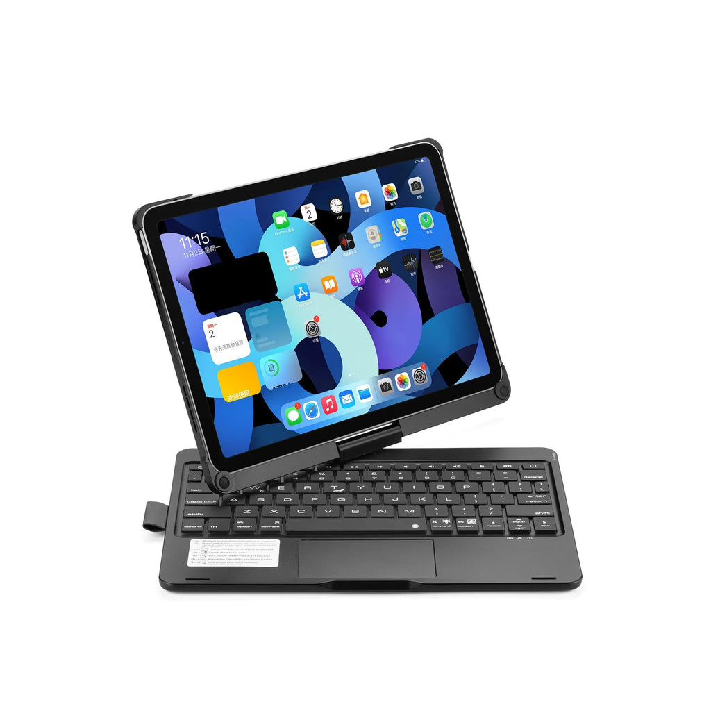 Black Bluetooth keyboard case with backlit keys open next to an iPad, showing the 360-degree rotating hinge.