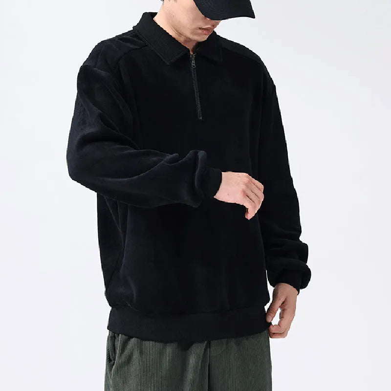 Men's fashion lapel half-zip fleece sweatshirt in black, long sleeves, hood, polyester cotton blend