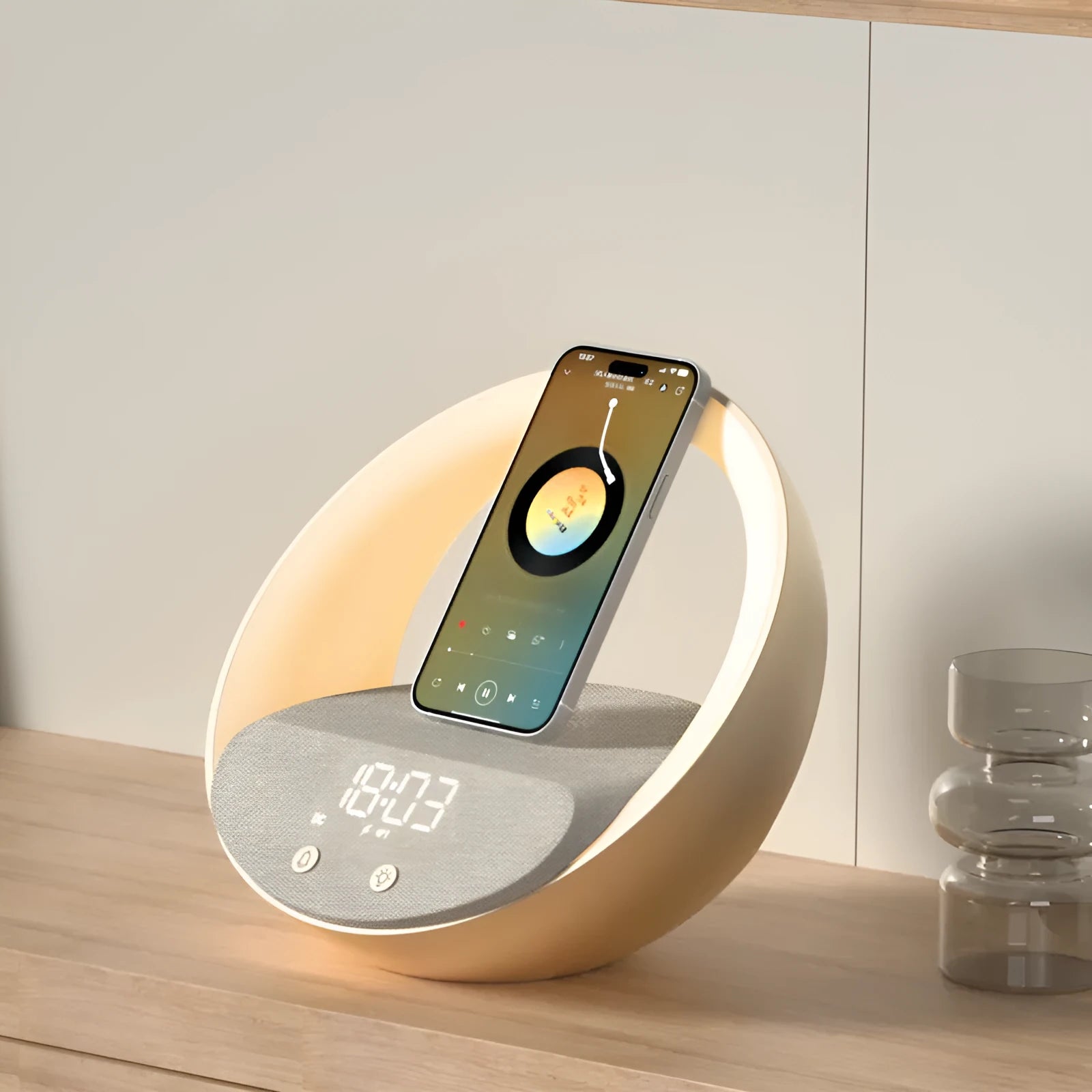 Beige multifunctional wireless charging Bluetooth speaker with clock and adjustable LED mood lighting on a wooden table.