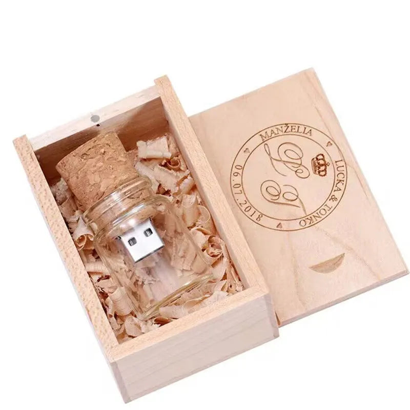 Wooden wish drift bottle USB flash drive with transparent plastic case showing carved wood inside.