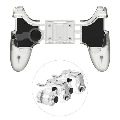 Black plug-in mobile phone gamepad with textured rubber grips and two trigger buttons attached to a smartphone.