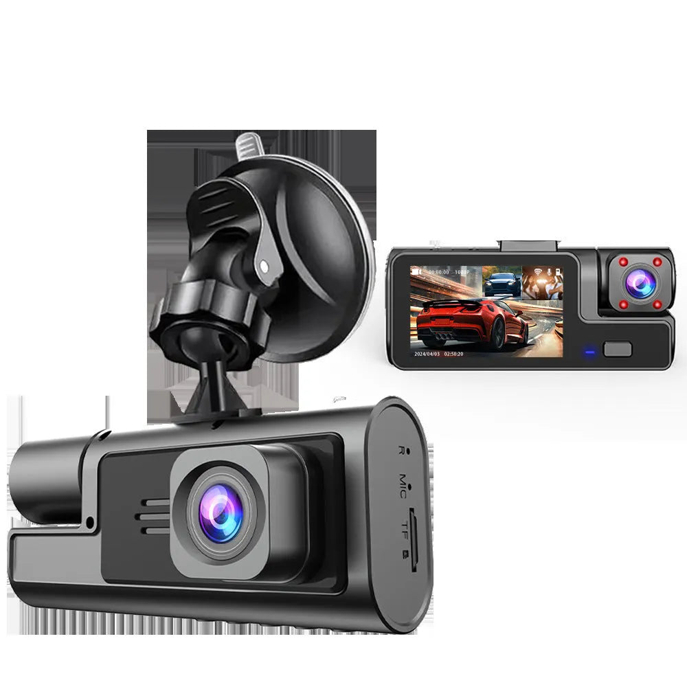 A compact black Wi-Fi dash cam with a 2.0-inch screen mounted on a car windscreen, showing a live road view.