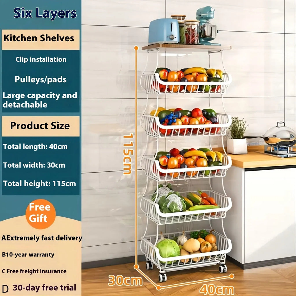 Black six-tier free-standing foldable kitchen storage trolley with metal frame