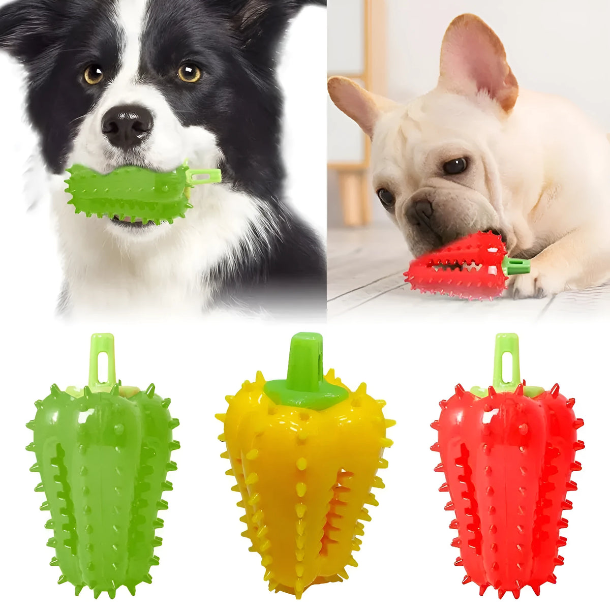 Interactive dog teething chew toy in TPR rubber, 10x5.2cm, treat dispensing, beef scent, green red yellow