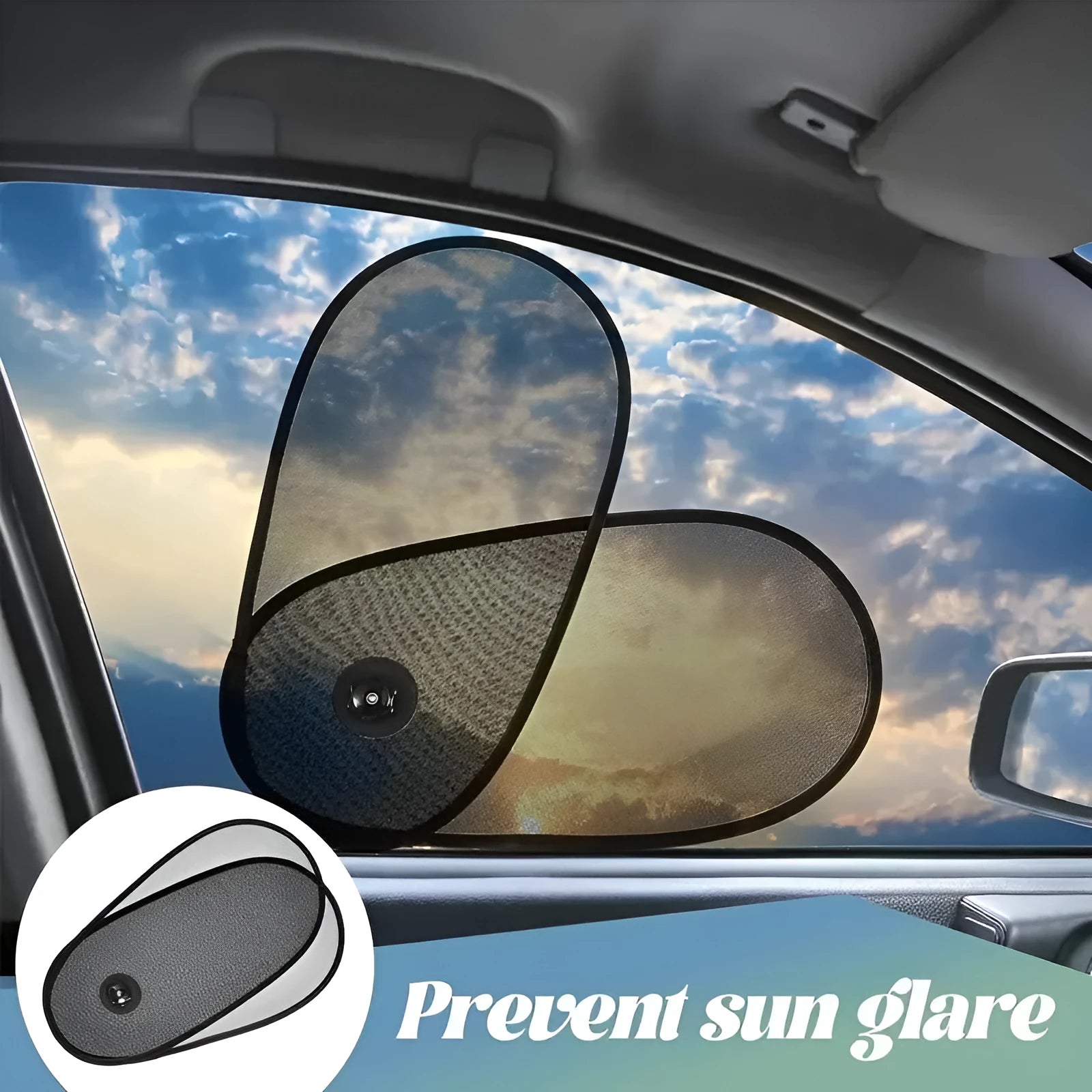 Black breathable mesh car sun shade stretched over a car side window, showing suction cups.