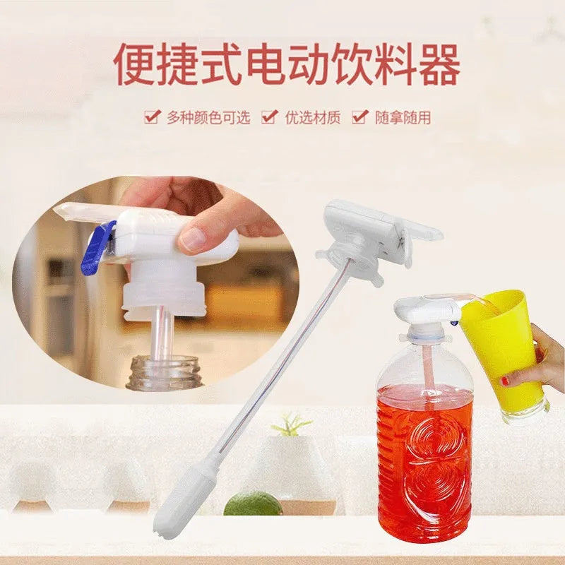 Manual blue and white handle beverage pump with long silicone straws for transferring milk and juice.