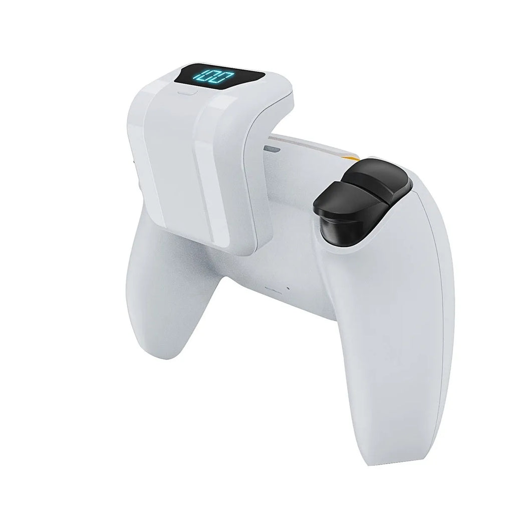 White PS5 controller back battery pack with LED display and outer hanging bag