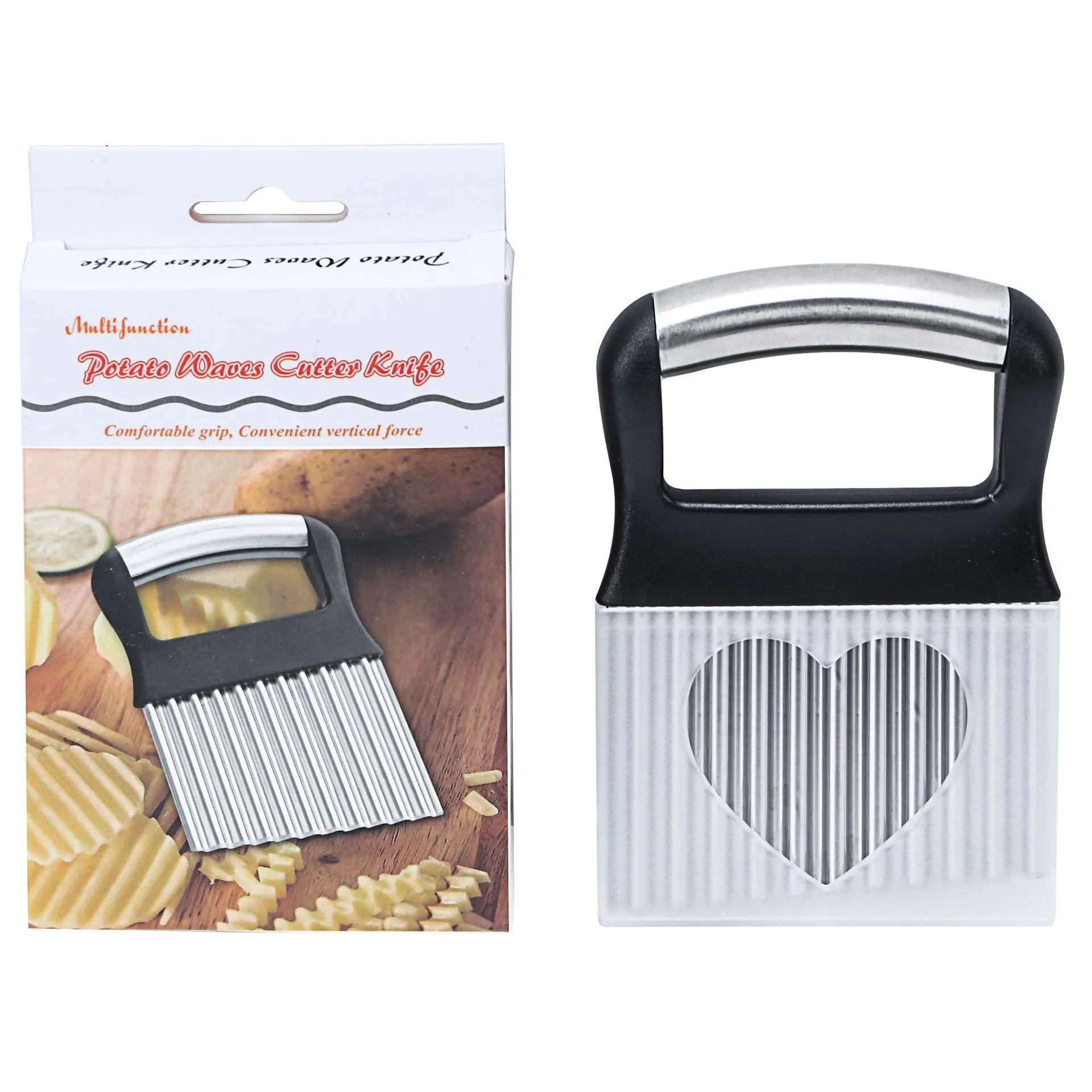 Stainless steel potato wave knife with a wavy blade on a wooden cutting board next to a potato.