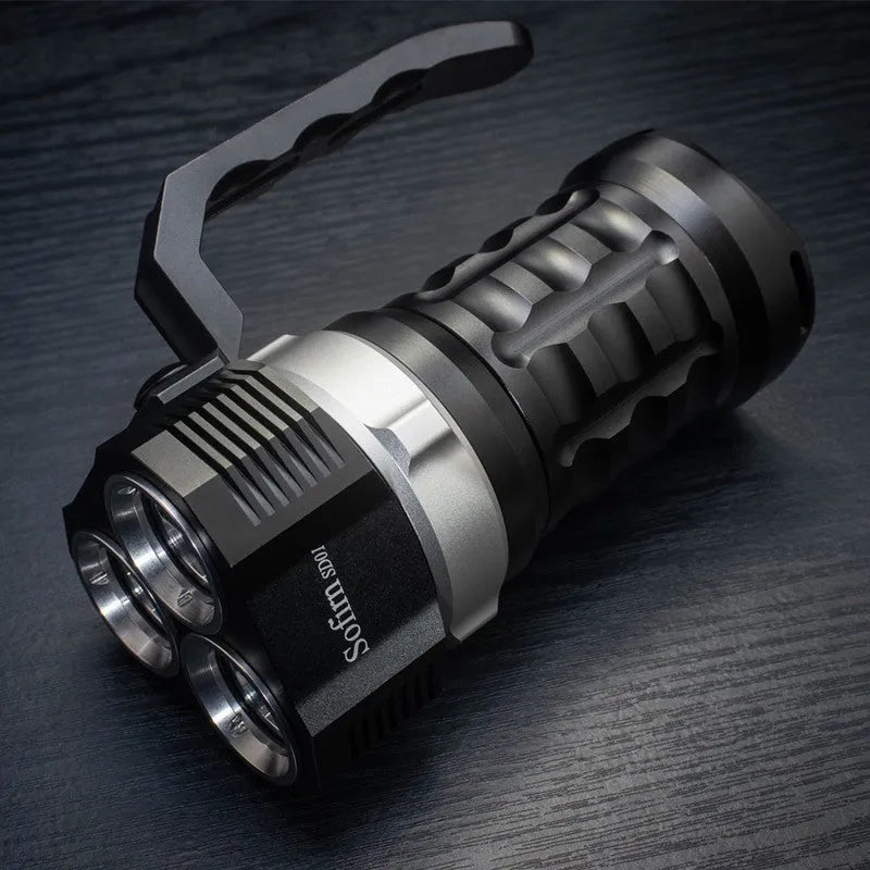 Aluminium alloy diving flashlight with 350 lumen output, shown with optional battery charger.