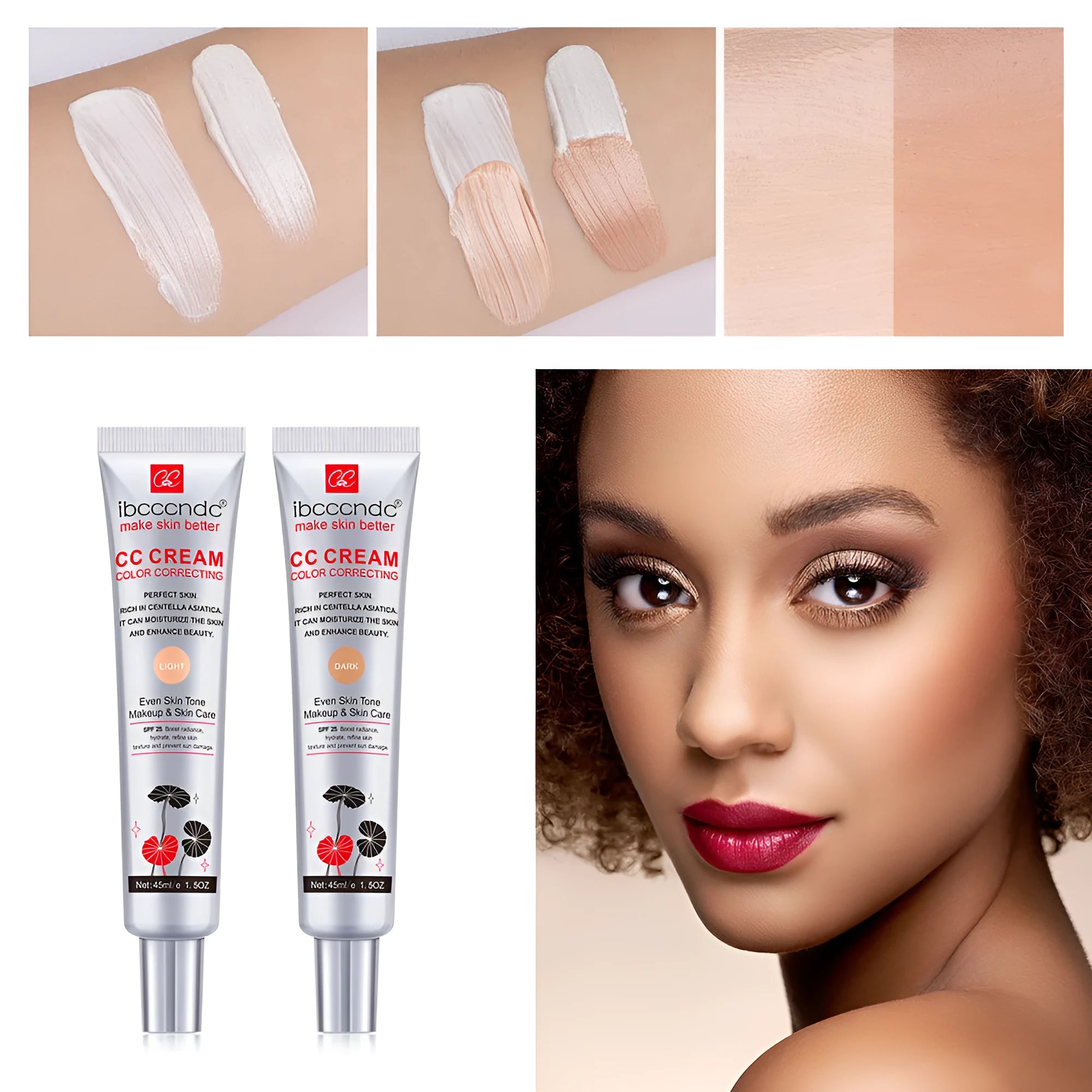 Erborian Centella Asiatica CC cream tube in dark and light colour correcting shades.