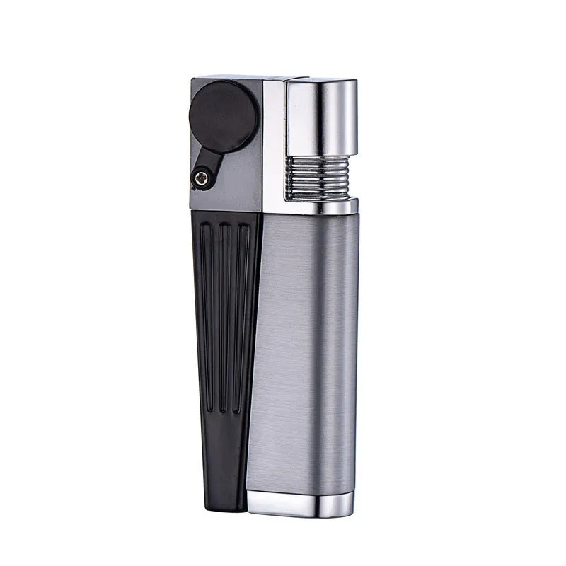 Silver foldable metal pipe lighter in open position showing flame mechanism and storage compartment.