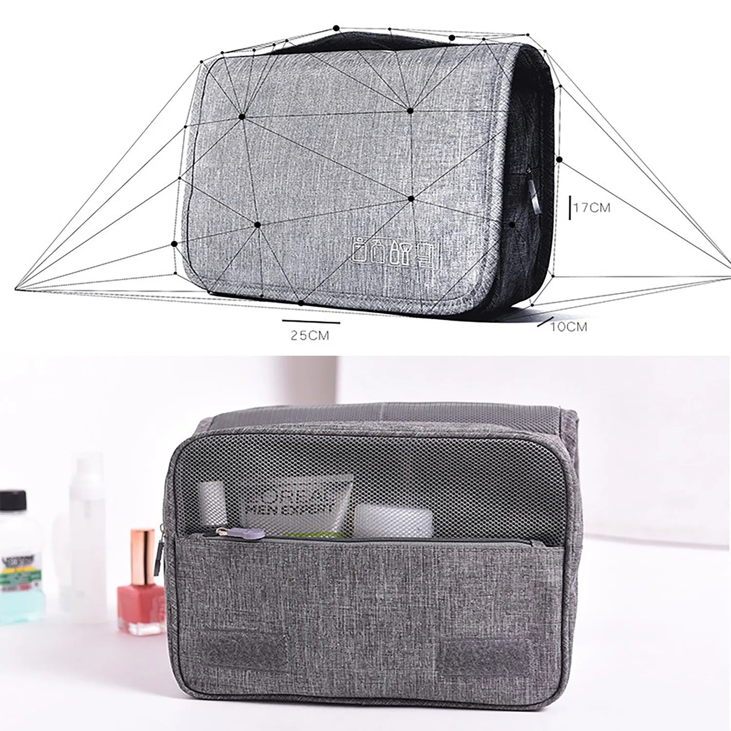 Large waterproof hanging toiletry bag in black with four compartments and metal hook