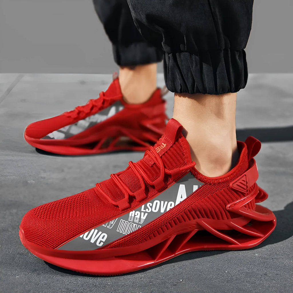 Men's black fly woven mesh casual exercise shoes with embroidery detail on a white background.