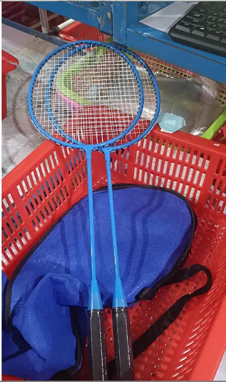 A pair of ultra-light alloy badminton rackets, one blue and one red, laid side by side.