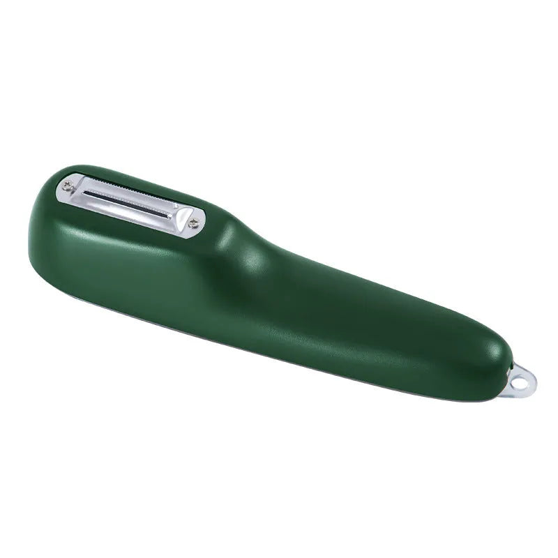 Dark green kitchen peeler with a storage tube extended, showing the stainless steel blade and a hanging hole on the handle.