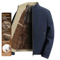 Men's black graphene fleece-lined jacket with stand collar and zippered welt pockets, loose fit.