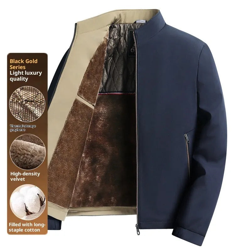 Men's black graphene fleece-lined jacket with stand collar and zippered welt pockets, loose fit.