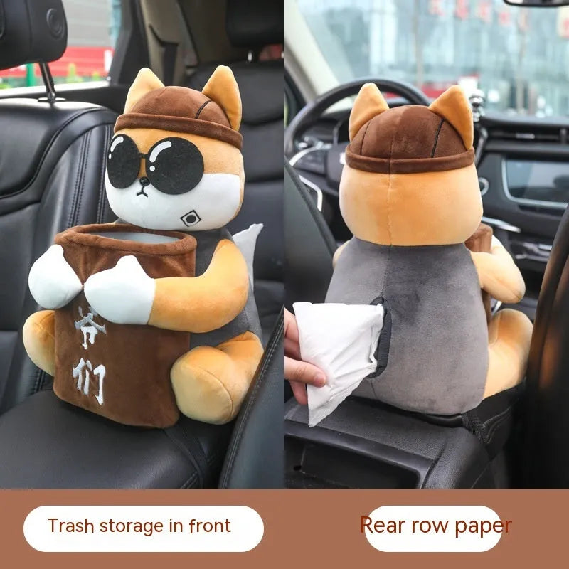 Plush car tissue box hanging from vehicle armrest in character design