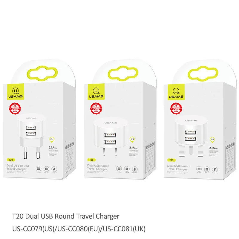 White portable universal dual USB phone charger with US, EU and UK plugs