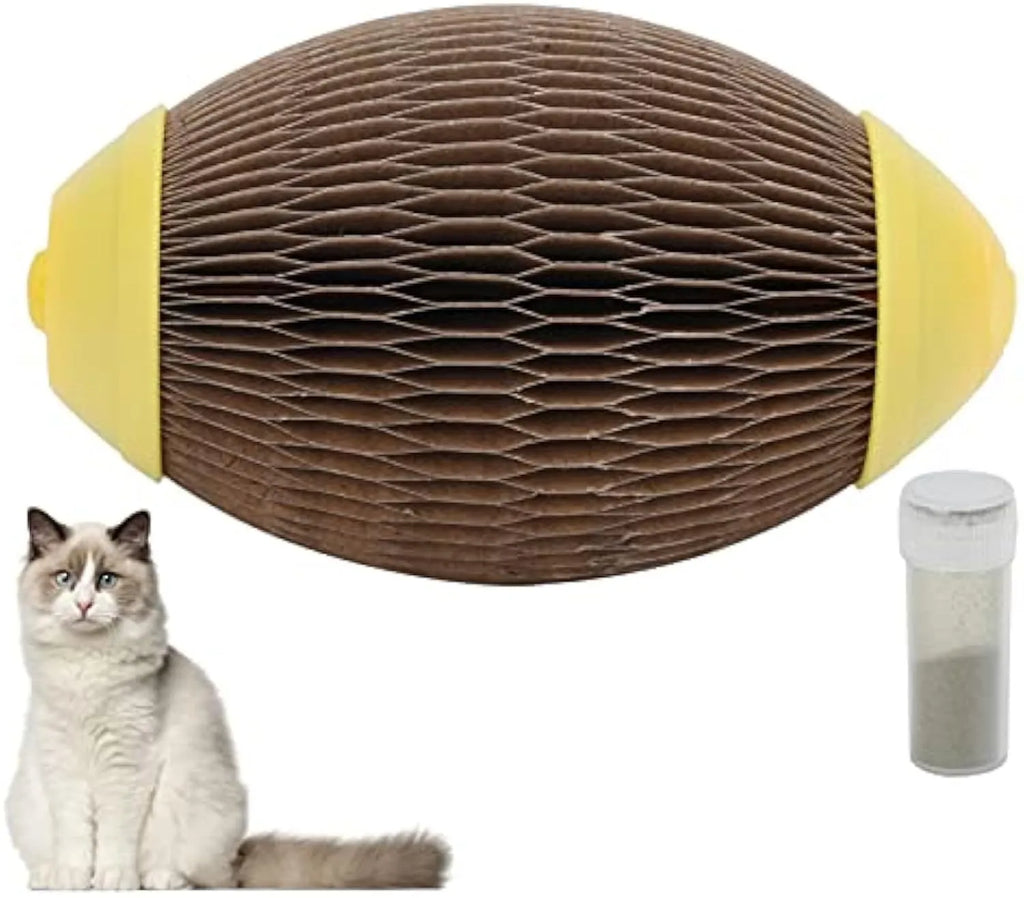 Ellipse shaped corrugated paper catnip ball scratch toy measuring 65mm by 108mm