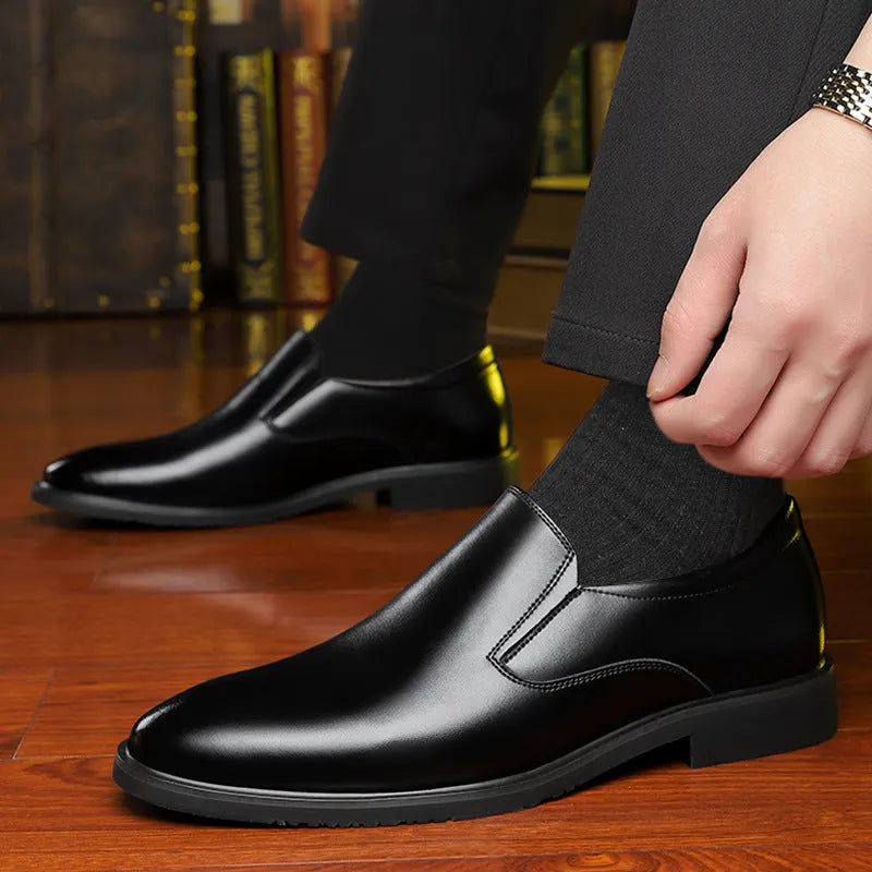 Men's black business casual slip-on shoes with leather upper and rubber sole