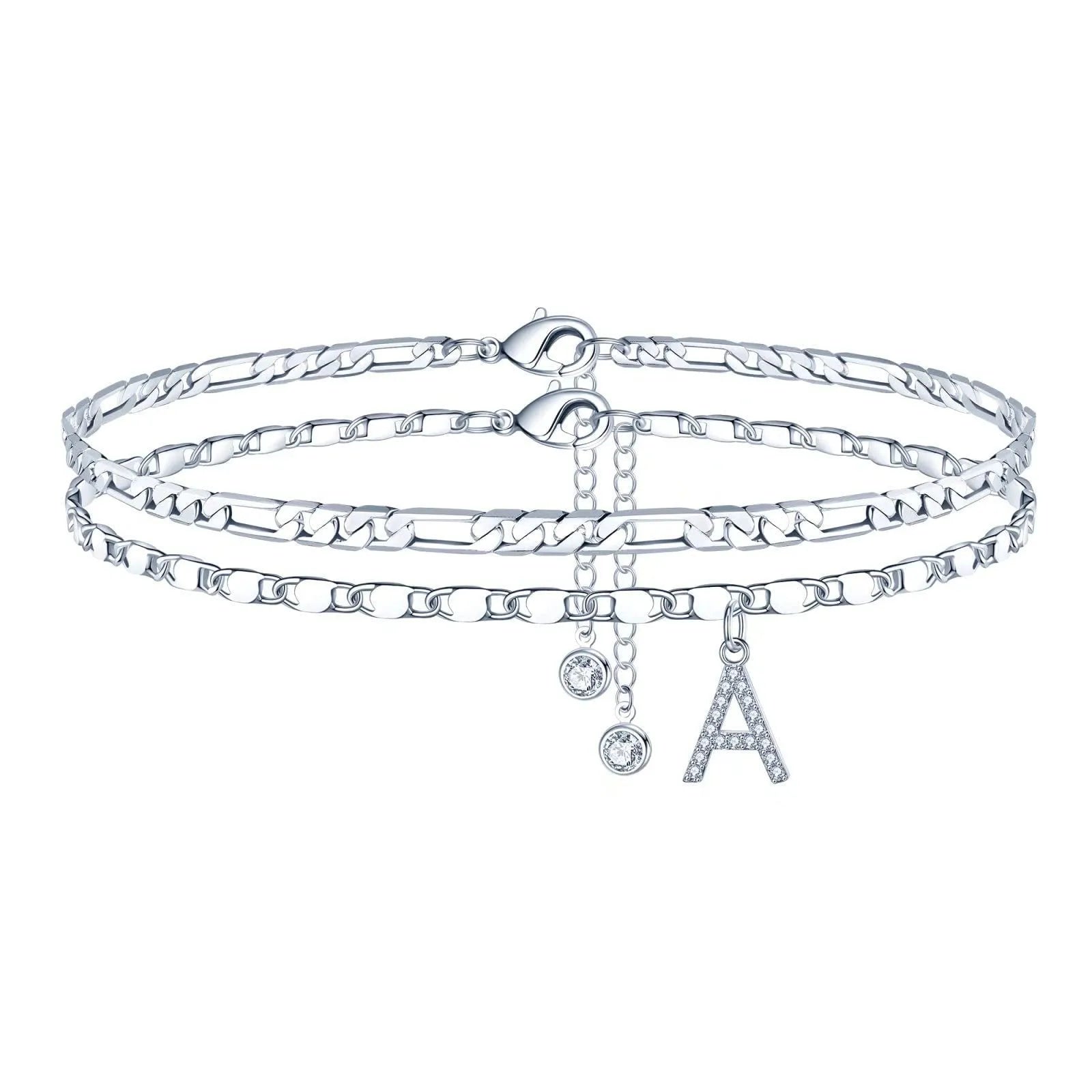 Silver-coloured double-circle bead copper anklet showing alphabet letter modelling on ankle.