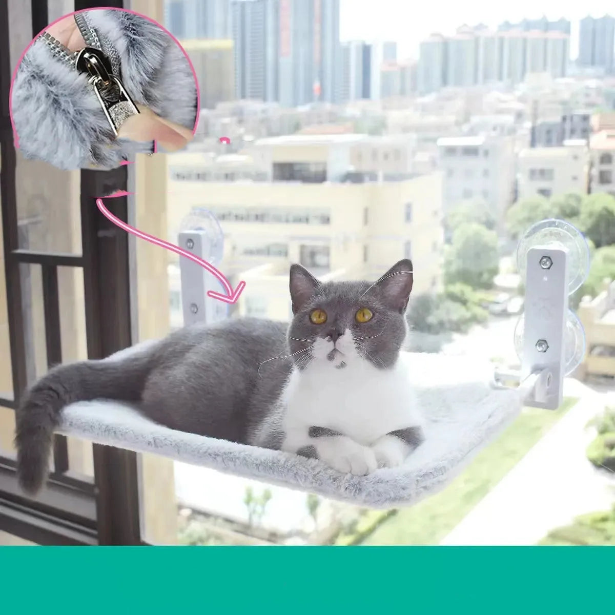 Cat suction cup window hammock with plush fabric, steel frame, available in Beige and Grey in two sizes