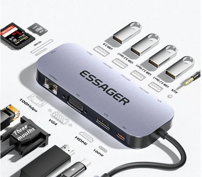 11-in-1 USB-C expansion dock hub with Gigabit Ethernet port and 20cm cable