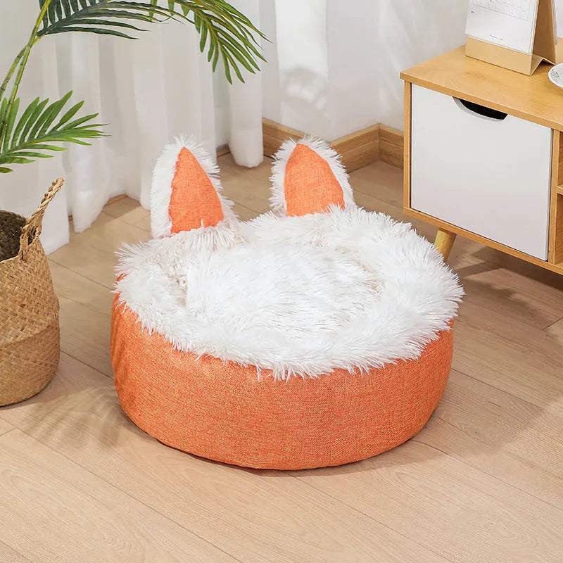 Soft faux fur plush cat bed in grey with fluffy interior – available in multiple sizes and colours for indoor use