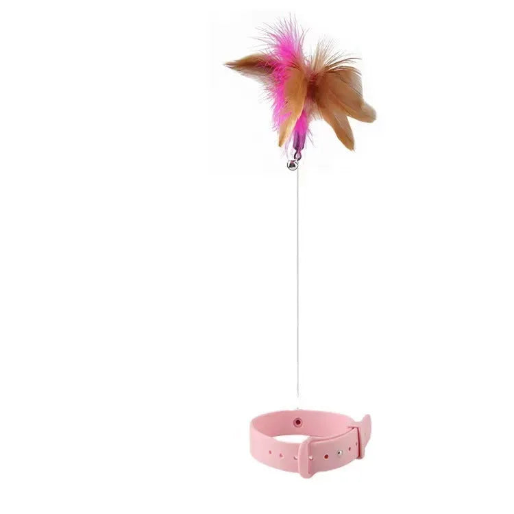 Collar-mounted cat toy with steel wire teaser, feather and bell elements, adjustable plastic collar for 17-27cm neck cats