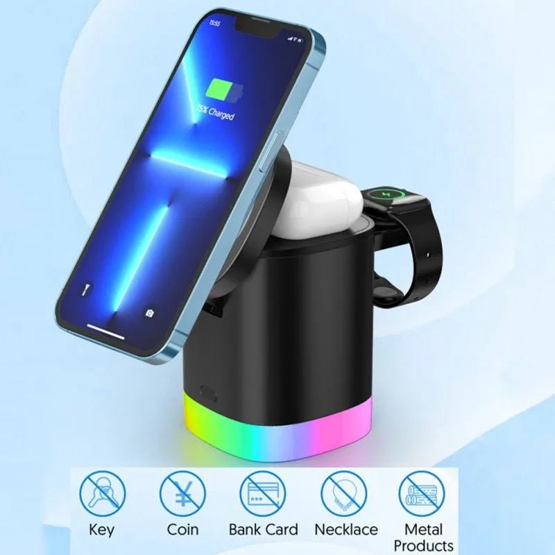 Black foldable 3-in-1 magnetic wireless charging station for iPhone, Apple Watch, and AirPods.