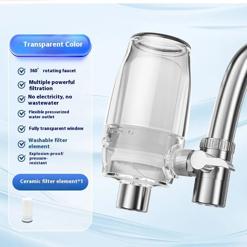 A ceramic faucet water filter unit designed for direct connection to a kitchen tap.