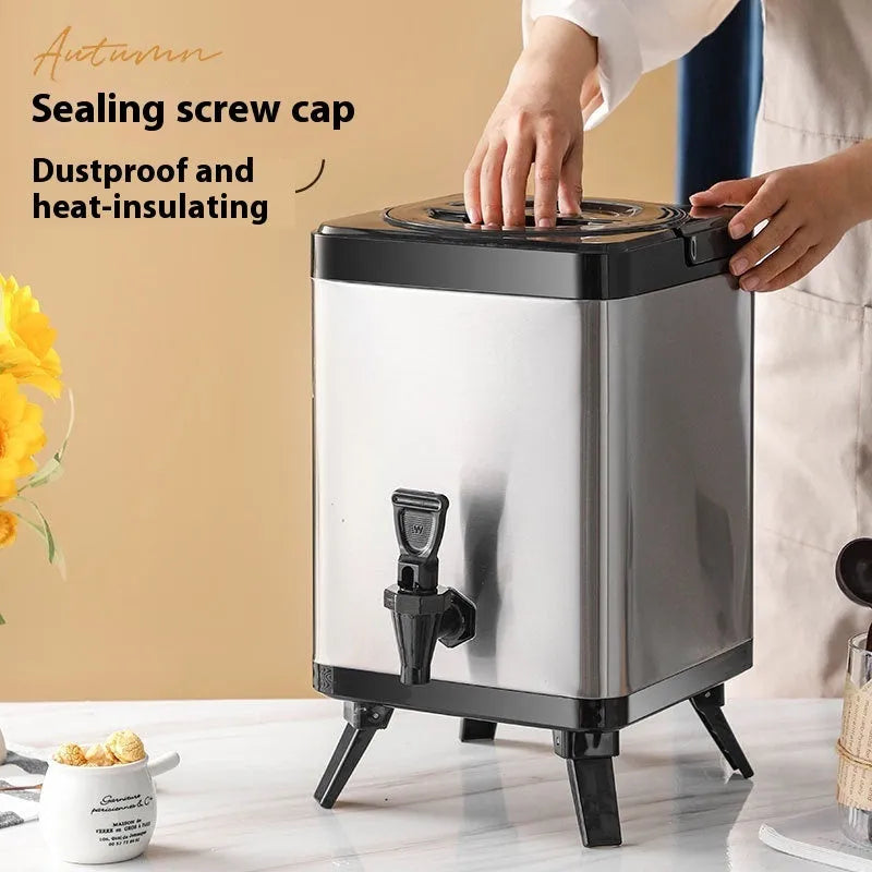 Silver stainless steel square lock milk tea bucket with 8 litre capacity for commercial beverage service