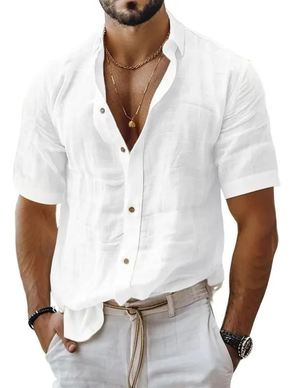 Men's short sleeve lapel shirt in blended cotton linen fabric shown in solid colour options